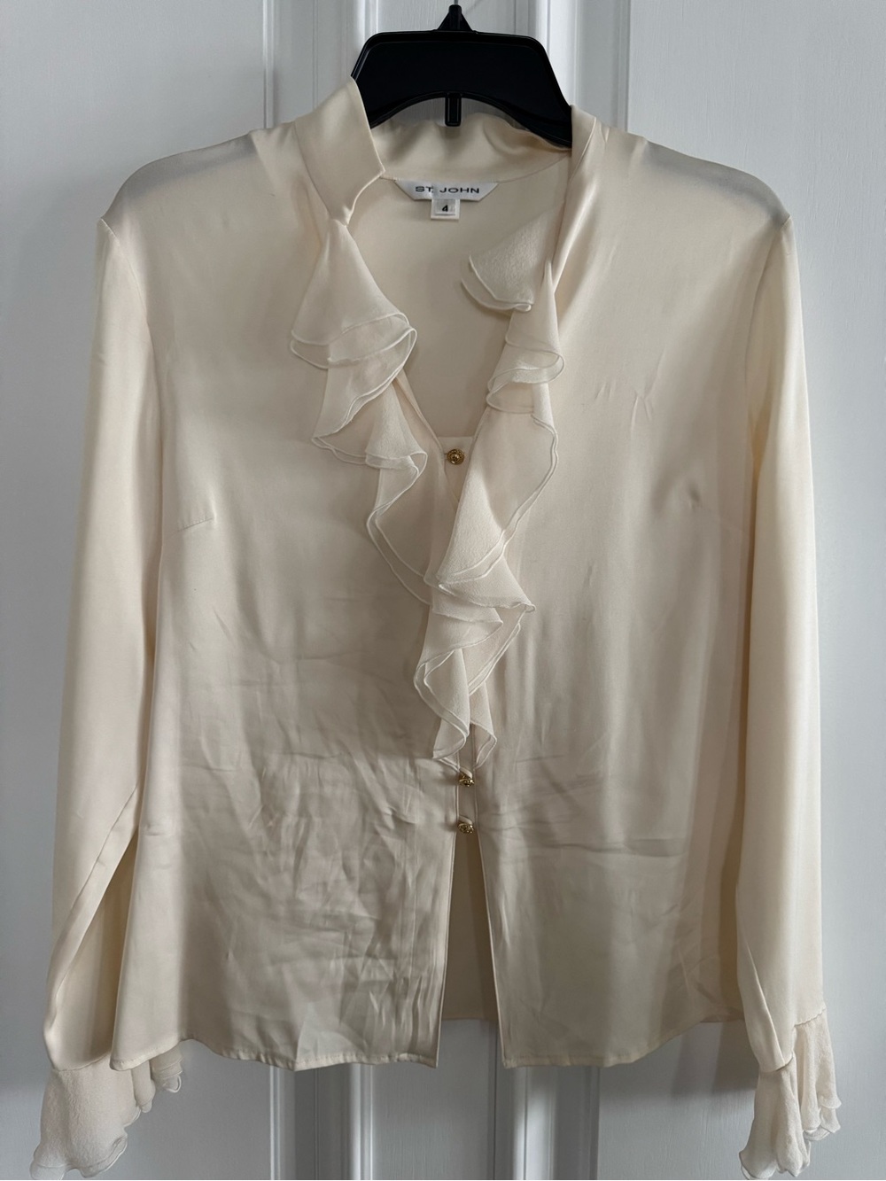 St. John Cream Ruffled Silk-Blend Blouse with Gold Buttons